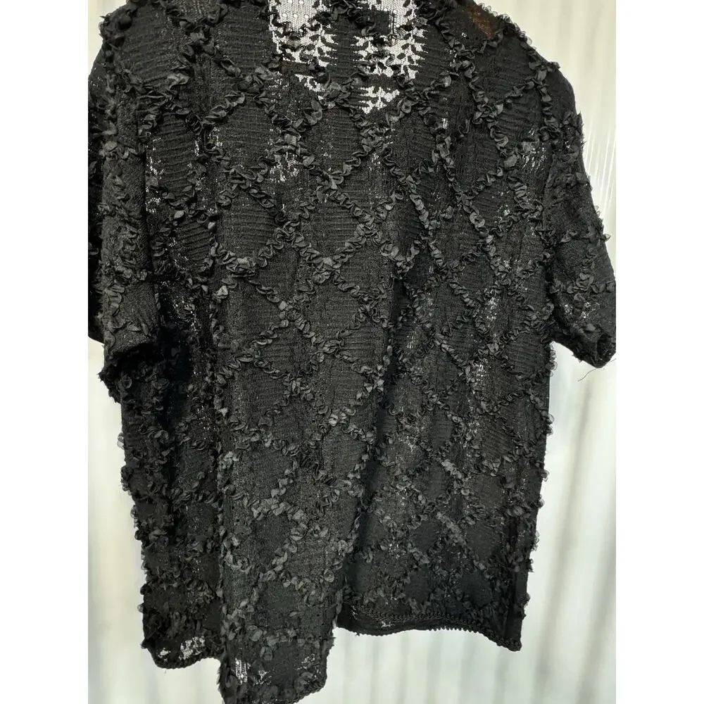 L3 Vintage Women’s Black Lace Top With Appliqué Ruffles And Gold Buttons Size L